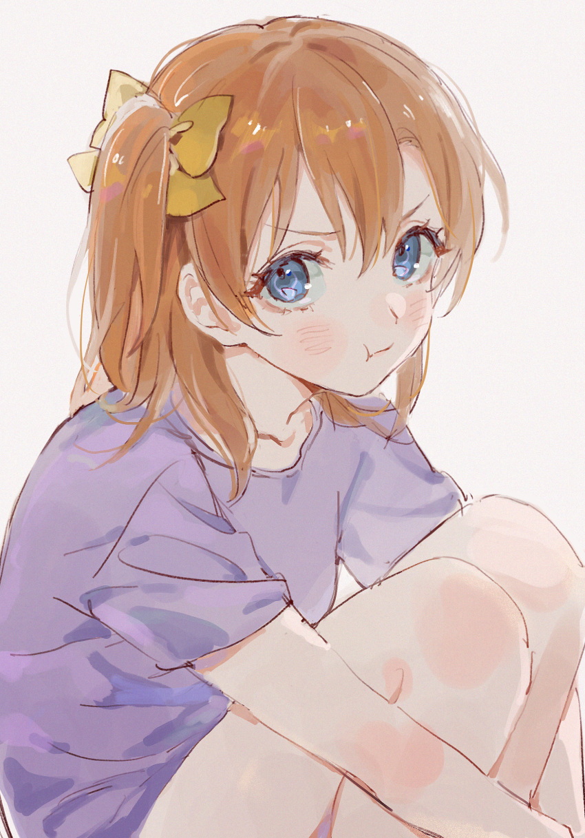 1girl :t bare_legs blue_eyes highres io_(sinking=carousel) kousaka_honoka looking_at_viewer love_live! love_live!_school_idol_project medium_hair one_side_up orange_hair pout purple_shirt shirt short_sleeves solo t-shirt white_background