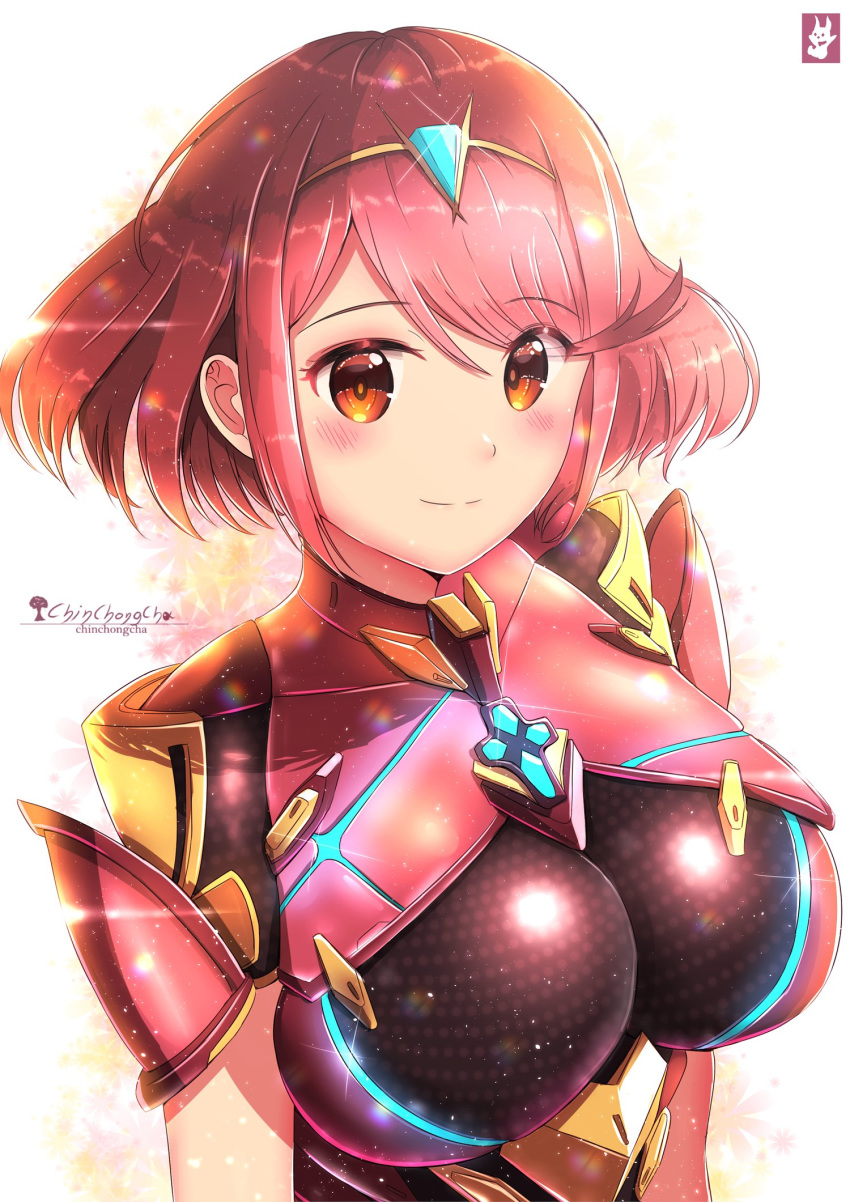 1girl armor artist_logo artist_name blush breasts chinchongcha glowing hair_ornament headpiece highres homura_(xenoblade_2) large_breasts lens_flare looking_at_viewer one-piece_swimsuit ponytail red_eyes red_hair short_hair simple_background smile solo swimsuit tiara xenoblade_(series) xenoblade_2