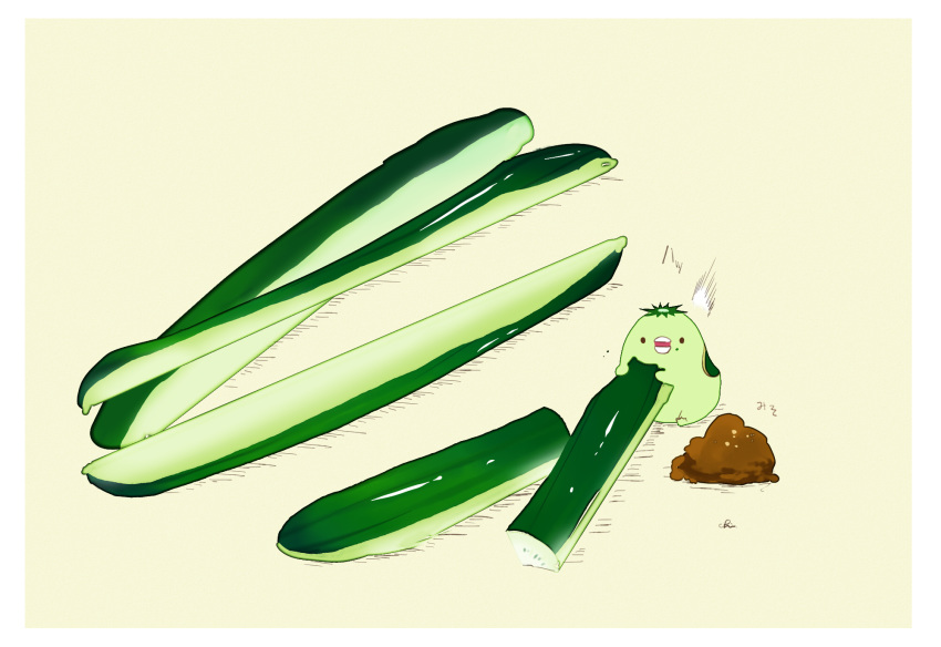 /\/\/\ artist_name beige_background border chai commentary_request cucumber food highres holding holding_food kappa looking_at_viewer original simple_background sitting
