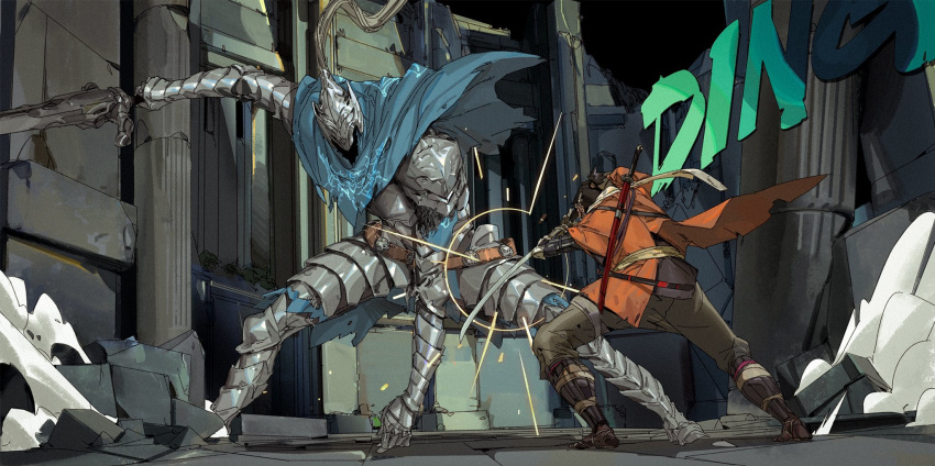 2boys armor artorias_the_abysswalker battle cape commentary company_connection cross dark_souls duel faulds fighting from_software full_armor helmet highres holding holding_sword holding_weapon knight male_focus multiple_boys ninja ninjatou parrying sekiro sekiro:_shadows_die_twice short_sword size_difference souls_(from_software) sound_effects sword tooboshoo weapon