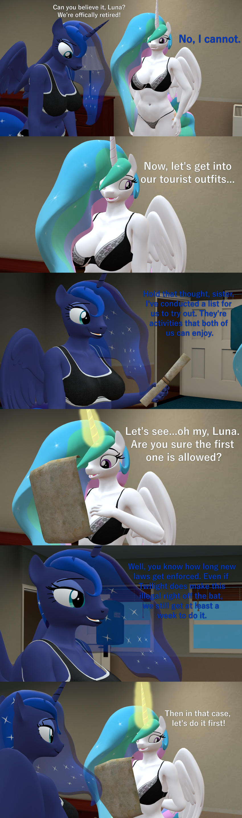 3d_(artwork) absurd_res anthro big_breasts bra breasts cleavage clothed clothing comic dialogue digital_media_(artwork) duo english_text equid female friendship_is_magic hand_on_hip hi_res horn inside magic mammal my_little_pony panties papadragon69 paper princess_celestia_(mlp) princess_luna_(mlp) sibling sister sisters text underwear winged_unicorn wings