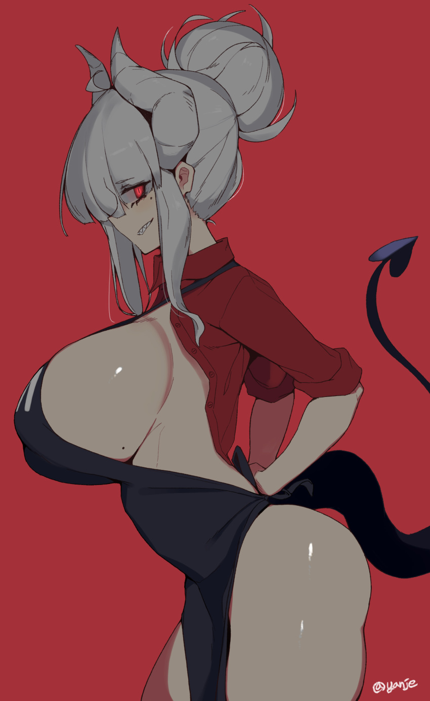 1girl absurdres alternate_breast_size apron bangs bare_hips black_apron breasts collared_shirt demon_girl demon_horns demon_tail dress_shirt eyes_visible_through_hair from_side hair_bun helltaker highres horns huge_breasts long_hair long_sleeves looking_at_viewer lucifer_(helltaker) mole mole_on_breast mole_under_eye nearly_naked_apron open_clothes open_shirt parted_lips red_background red_eyes red_shirt shirt sideboob sidelocks simple_background solo tail thighs white_hair white_horns yanje