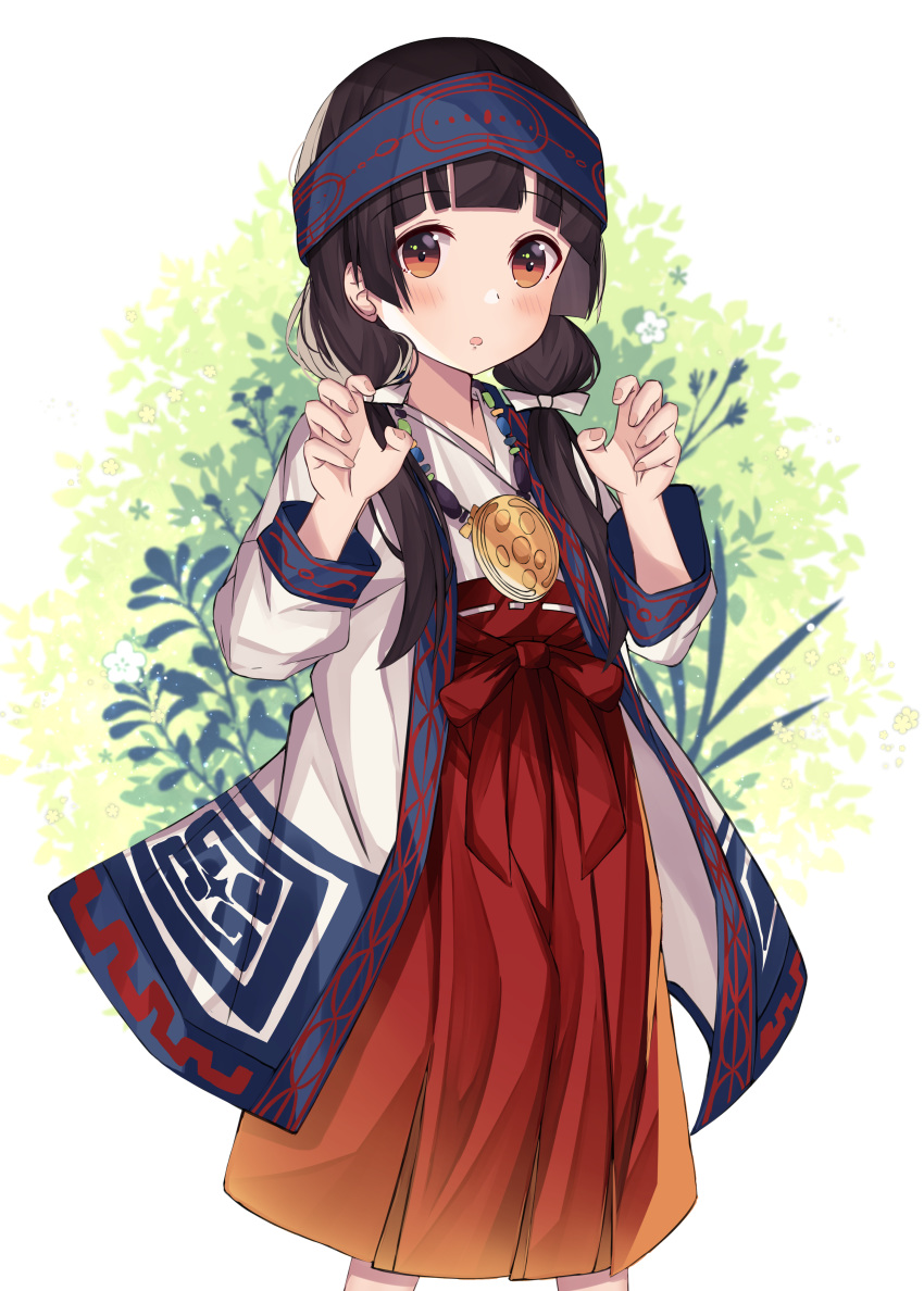 1girl :o absurdres ainu_clothes amayadori_machi bangs black_hair blush bow brown_eyes commentary_request eyebrows_visible_through_hair hair_bow hakama hands_up highres japanese_clothes kimono kumamiko long_hair long_sleeves low_twintails medallion miko norazura open_clothes parted_lips red_hakama solo standing twintails white_background white_bow white_kimono