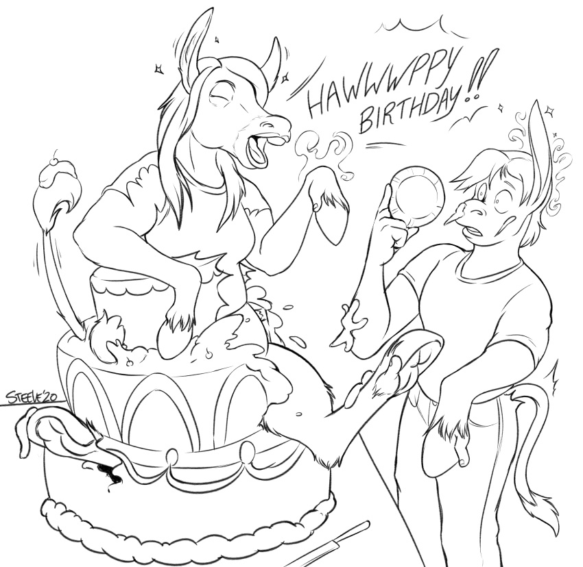 absurd_res asinus birthday cake donkey donkey_transformation duo equid equine female feral food hi_res hooves human male male/female mammal monochrome pop_out_cake stickmanwww surprise transformation