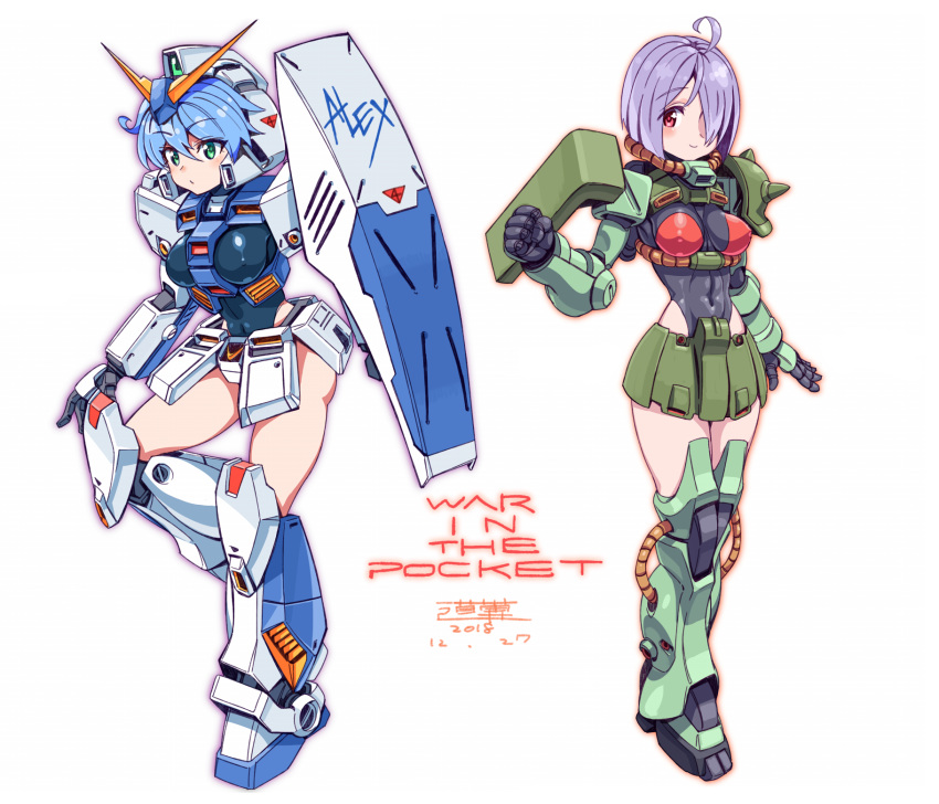 2girls blue_hair clenched_hand copyright_name covered_navel covered_nipples cowlick dated eyebrows_visible_through_hair green_eyes grey_hair gundam gundam_0080 gundam_alex hair_over_eyes highres mecha_musume michi_kuso multiple_girls one_eye_covered open_hand personification red_eyes shield thighhighs v-fin white_background zaku_ii zettai_ryouiki