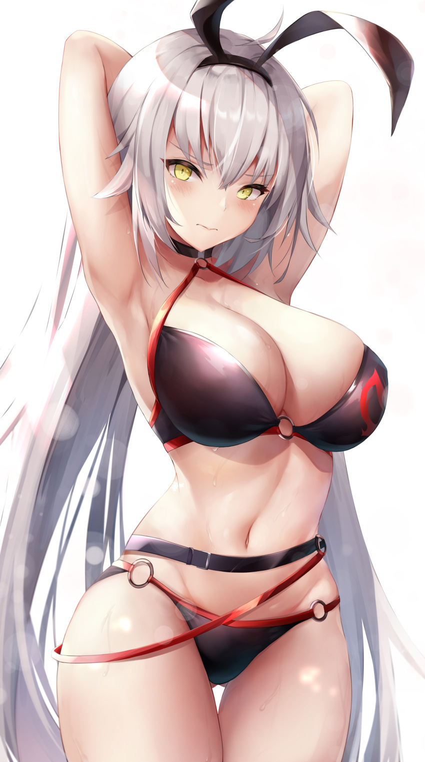 1girl 3: absurdres ahoge animal_ears armpits arms_behind_head arms_up bare_arms bare_shoulders belt bikini black_bikini breasts bunny_ears choker cleavage cowboy_shot fake_animal_ears fate/grand_order fate_(series) frown groin hairband halter_top halterneck highres jeanne_d'arc_(alter_swimsuit_berserker) jeanne_d'arc_(fate)_(all) kisaki_oni large_breasts long_hair looking_at_viewer navel o-ring o-ring_bikini silver_hair simple_background solo standing stomach strap swimsuit thigh_gap thighs v-shaped_eyebrows very_long_hair wet white_background yellow_eyes