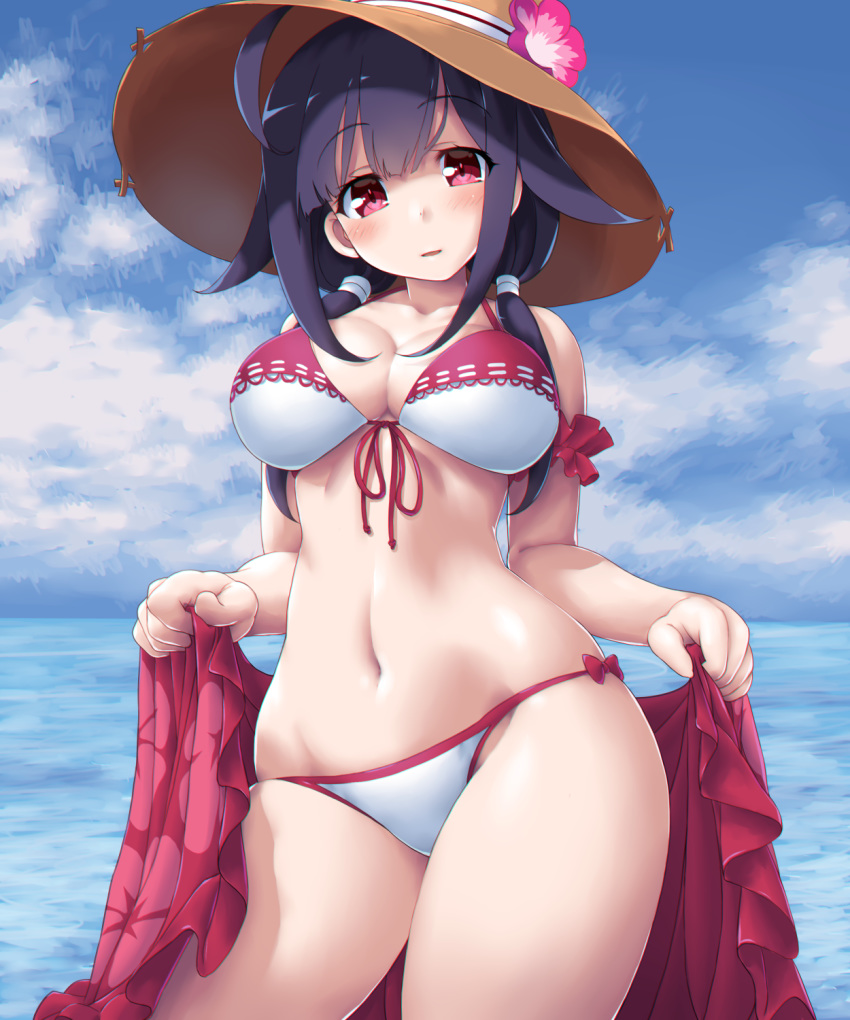 1girl ahoge bare_shoulders bikini blue_sky blush breasts cleavage cloud collarbone day dd_(ijigendd) eyebrows_visible_through_hair flower front-tie_top hair_flaps hair_ornament halter_top halterneck hat hat_flower highres kantai_collection large_breasts long_hair looking_at_viewer low_twintails navel ocean outdoors pink_flower purple_hair red_eyes ryuuhou_(kantai_collection) sarong skindentation sky smile solo standing straw_hat string_bikini swimsuit taigei_(kantai_collection) twintails white_bikini