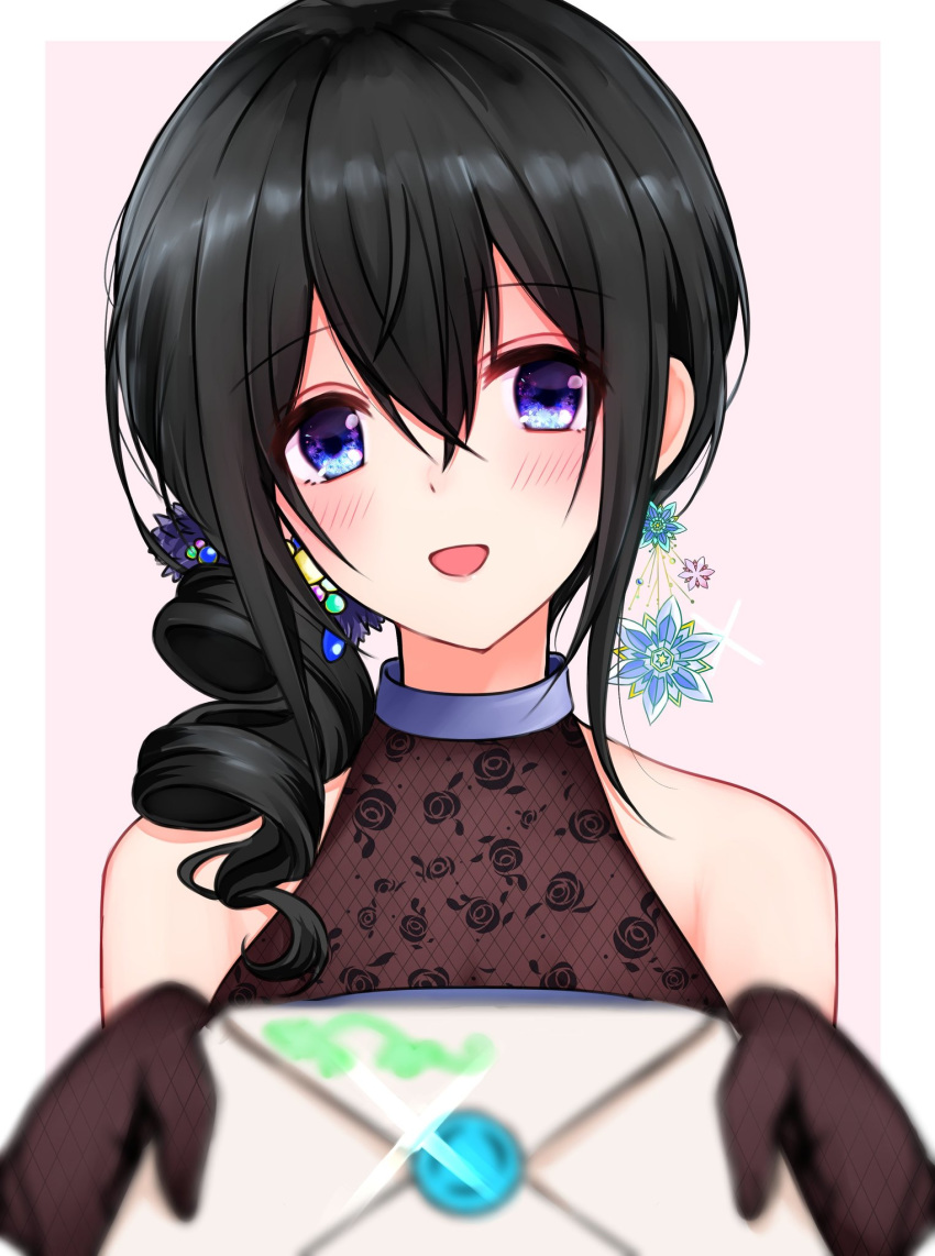 1girl :d black_dress black_gloves black_hair blue_eyes blush border commentary_request dress eyebrows_visible_through_hair gloves hair_between_eyes head_tilt highres holding_envelope idolmaster idolmaster_cinderella_girls looking_at_viewer offering open_mouth pink_background sagisawa_fumika sekia998 smile solo upper_body white_border