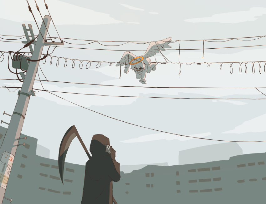 &gt;_&lt; absurdres angel angel_wings avogado6 building cable cellphone cloak cloud death_(entity) entangled halo highres hood original outdoors phone pole power_lines robe scythe short_hair smartphone tangle telephone_pole transformer weapon wings