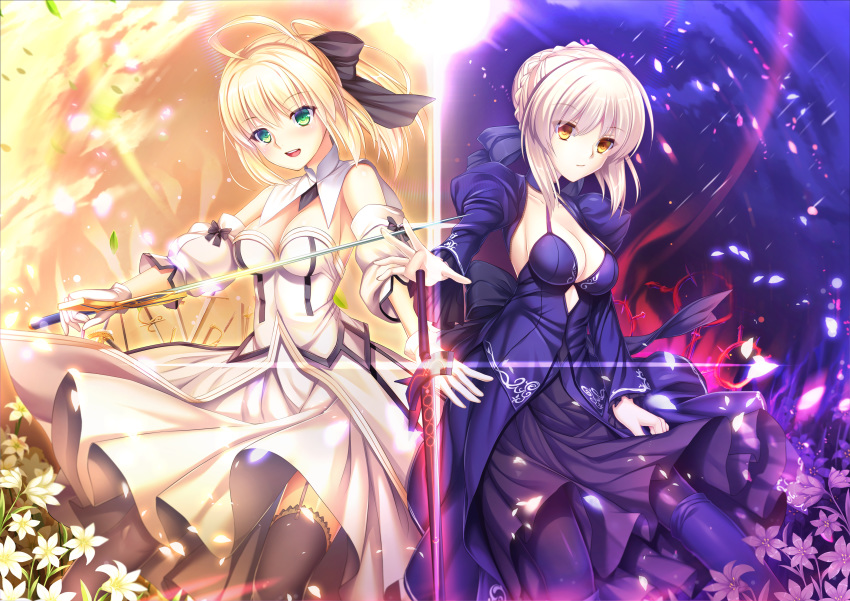 2girls :d absurdres ahoge artoria_pendragon_(all) bangs black_bow black_legwear blonde_hair blush bow braid brown_eyes caliburn closed_mouth commentary_request dark_excalibur detached_sleeves dress eyebrows_visible_through_hair fate/stay_night fate/unlimited_codes fate_(series) flower garter_straps gloves glowing green_eyes hair_between_eyes hair_bow hair_bun highres holding holding_sword holding_weapon juliet_sleeves long_sleeves multiple_girls open_mouth outstretched_arm petals ponytail puffy_short_sleeves puffy_sleeves purple_dress purple_legwear purple_sleeves saber_alter saber_lily short_sleeves sidelocks smile sword thighhighs umitonakai upper_teeth weapon white_dress white_flower white_gloves white_sleeves