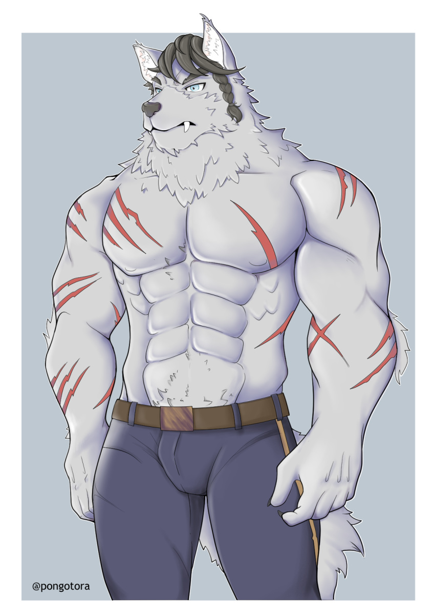 anthro braided_hair canid canine canis clothing gaouu hair hi_res male male/male mammal military_uniform muscular pongotora scar solo uniform wolf
