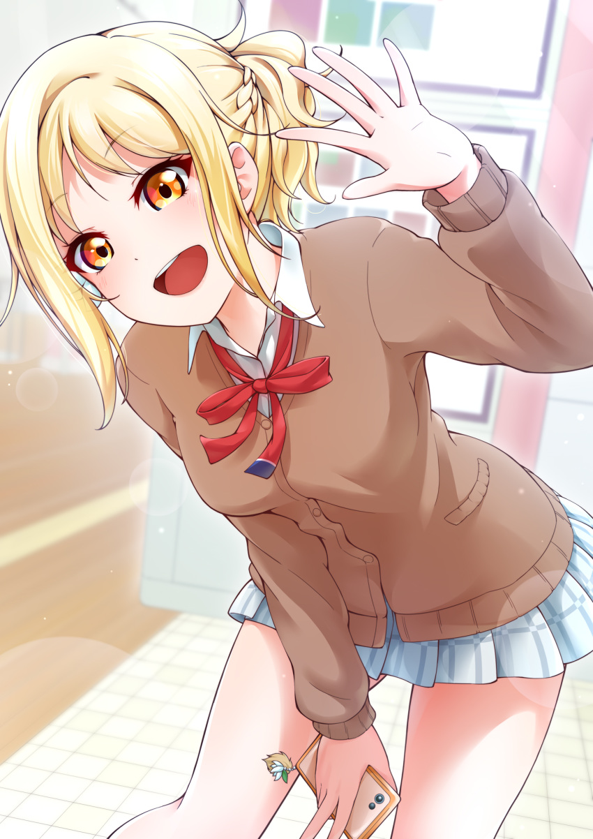 1girl blonde_hair highres looking_at_viewer love_live! love_live!_school_idol_festival_all_stars miyashita_ai nijigasaki_academy_uniform one_eye_closed open_mouth orange_eyes ponytail prbili school_uniform skirt smile solo waving white_skirt