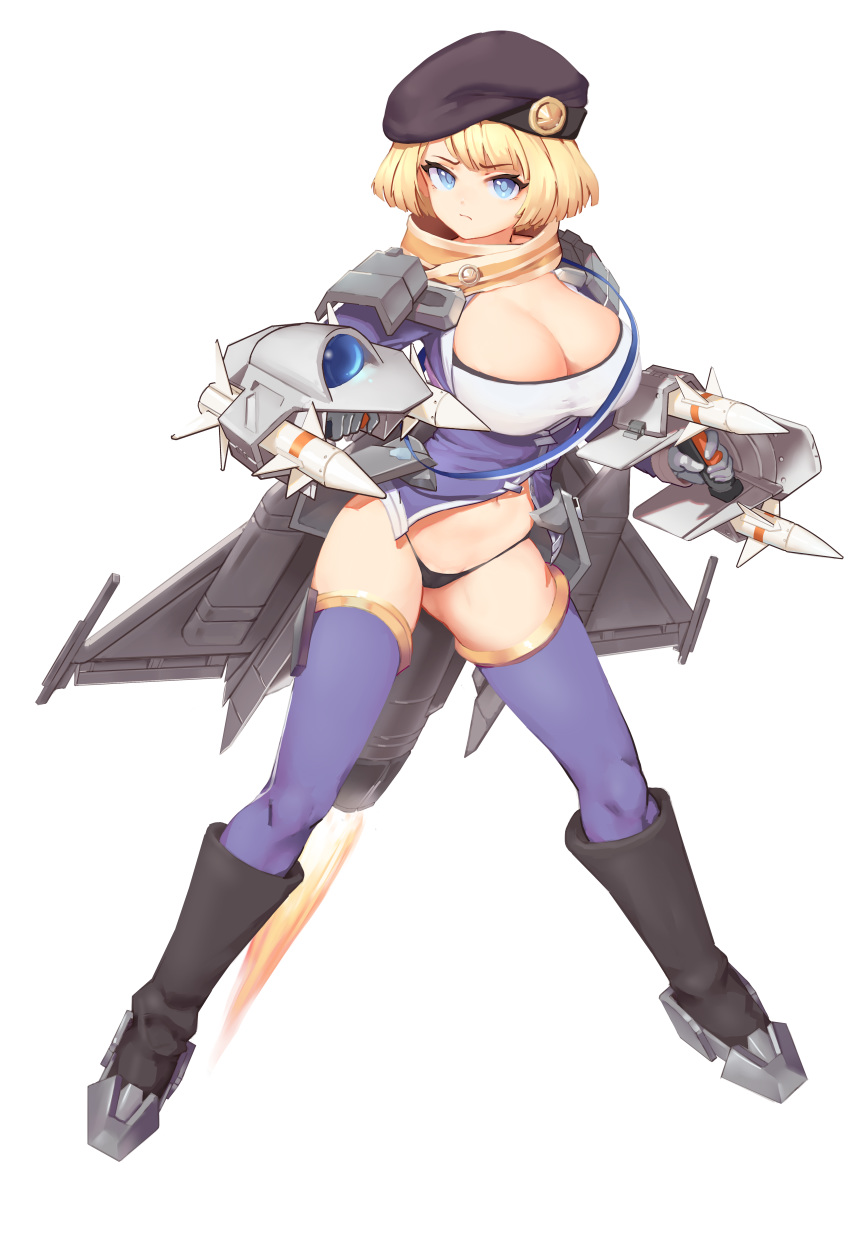 1girl absurdres asymmetrical_bangs bangs beret blue_legwear boots breasts cleavage eyebrows_visible_through_hair full_body greentree hat highres large_breasts last_origin looking_at_viewer p/a-00_griffon rocket rocket_launcher short_hair simple_background solo thighhighs weapon white_background