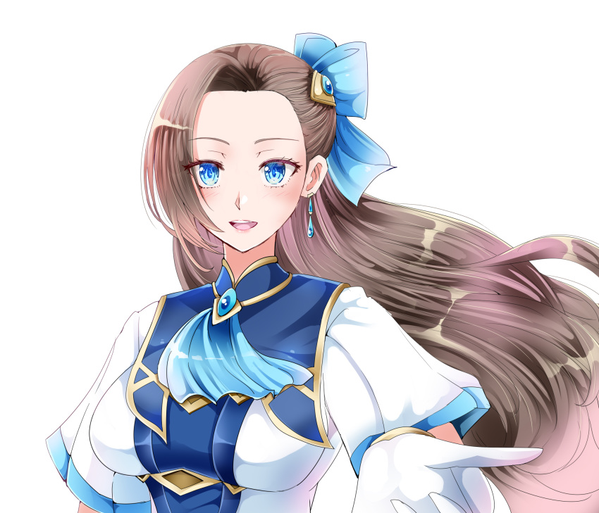 1041_(toshikazu) 1girl :d blue_bow blue_earrings blue_eyes blue_neckwear bow breasts brooch brown_hair gloves hair_ornament highres jewelry katarina_claes long_hair medium_breasts open_mouth otome_game_no_hametsu_flag_shika_nai_akuyaku_reijou_ni_tensei_shite_shimatta outstretched_hand simple_background smile solo upper_body white_background white_gloves