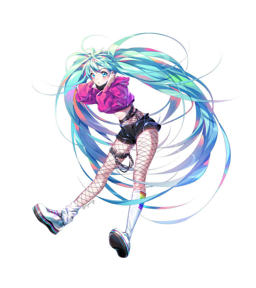 1girl absurdly_long_hair absurdres bangs black_shorts blue_eyes blue_hair blush crop_top fishnet_legwear fishnets floating_hair full_body hatsune_miku hhgy0925 highres hood hood_down hooded_sweater long_hair midriff pantyhose red_sweater shiny shiny_hair short_shorts shorts simple_background solo stomach sweater twintails very_long_hair vocaloid white_background white_legwear