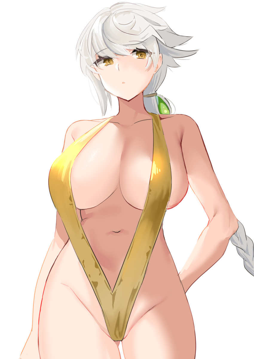 1girl bangs braid breasts cleavage eyebrows_visible_through_hair highres kantai_collection large_breasts long_hair mizuki_eiru_(akagi_kurage) open_mouth silver_hair simple_background single_braid slingshot_swimsuit solo swimsuit unryuu_(kantai_collection) white_background yellow_eyes yellow_swimsuit