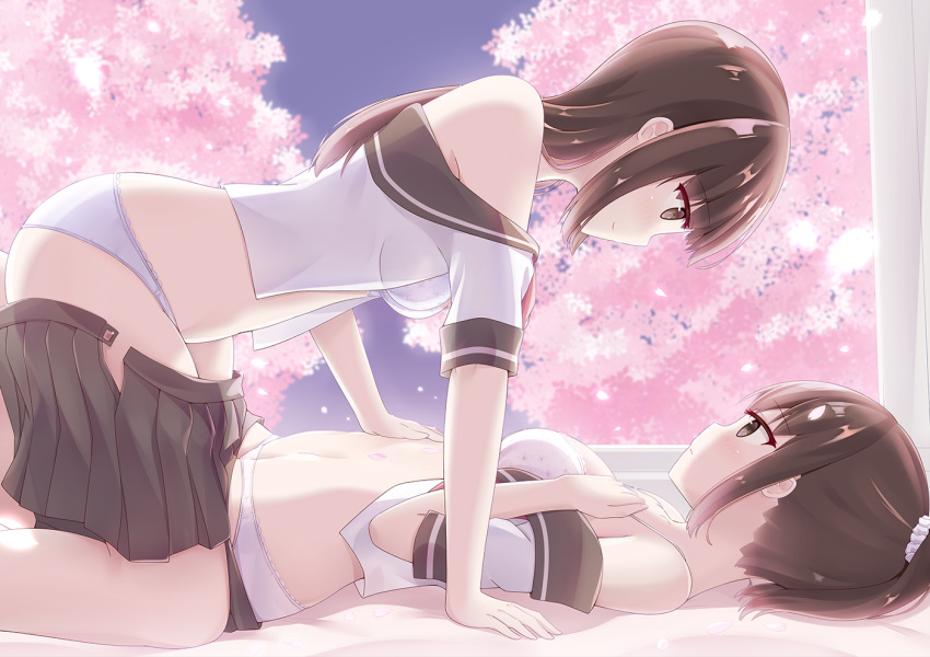 2girls black_skirt breasts brown_eyes brown_hair cherry_blossoms cleavage error eye_contact hair_ornament hair_scrunchie hand_on_another's_stomach kamakama_(kdmorh_kamakama) long_hair looking_at_another lying medium_breasts midriff multiple_girls on_back original panties ponytail profile scrunchie skirt straddling underwear undressing white_panties white_scrunchie yuri