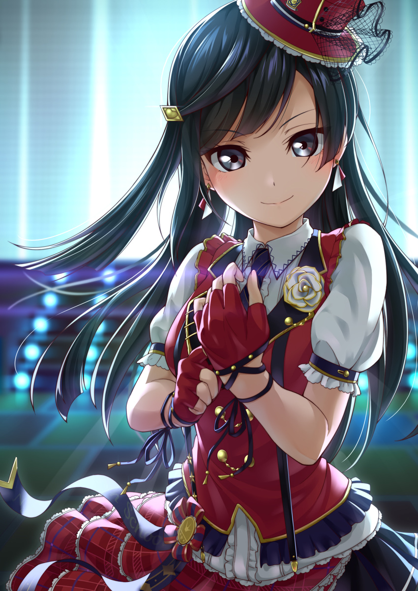 1girl black_hair earrings fingerless_gloves gloves grey_eyes hat highres idol jewelry long_hair looking_at_viewer love_live! love_live!_school_idol_festival_all_stars prbili puffy_short_sleeves puffy_sleeves red_gloves red_headwear short_sleeves smile solo yuuki_setsuna_(love_live!)