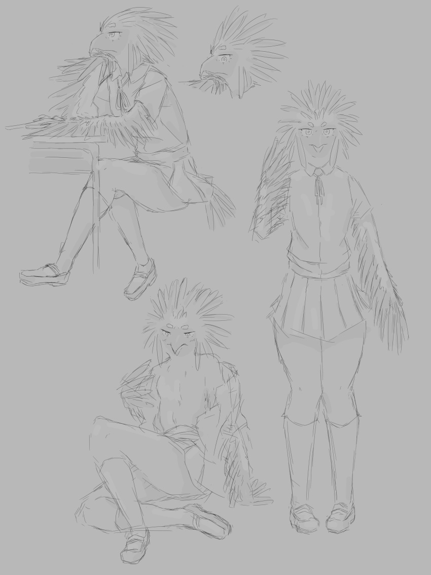 3:4 absurd_res accipitrid accipitriform anthro avian bird bottomwear breasts clothing eagle feathers featureless_breasts female hi_res jeffman24 monochrome non-mammal_breasts philippine_eagle school_uniform skirt solo tail_feathers uniform