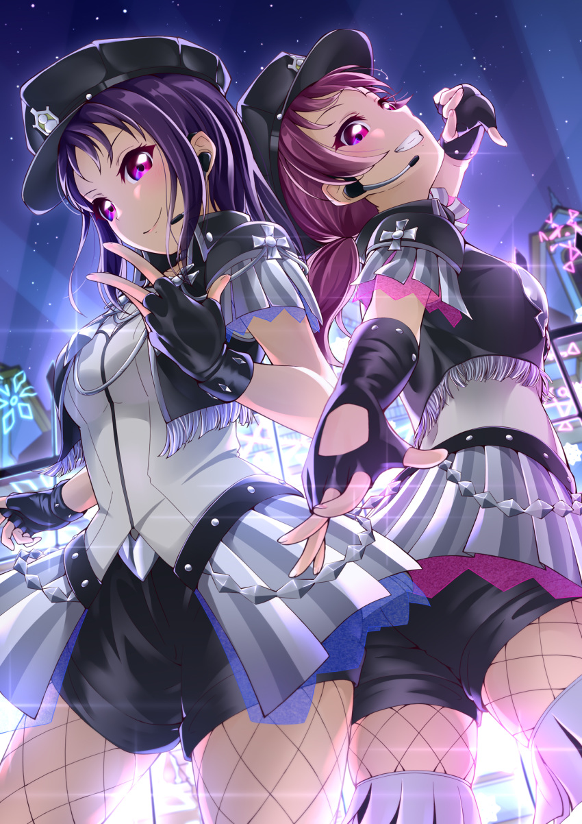 2girls believe_again hat highres kazuno_leah kazuno_sarah lights looking_at_viewer love_live! love_live!_sunshine!! multiple_girls night night_sky prbili purple_eyes purple_hair saint_snow sky smile