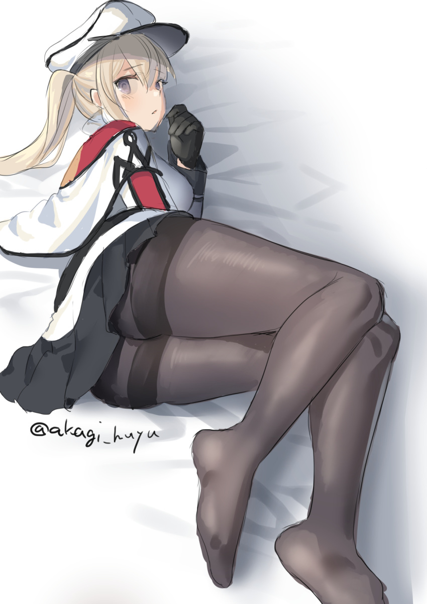 1girl bed black_gloves black_legwear black_skirt blonde_hair breasts capelet celtic_knot gloves graf_zeppelin_(kantai_collection) grey_eyes hair_between_eyes hat highres iron_cross jacket kantai_collection large_breasts long_hair looking_at_viewer lying military military_hat military_uniform miniskirt mizuki_eiru_(akagi_kurage) necktie on_side pantyhose peaked_cap pleated_skirt sidelocks skirt solo thighband_pantyhose twintails twitter_username uniform