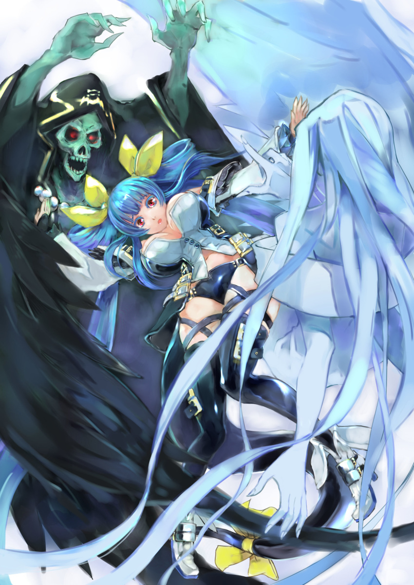 1girl absurdres asymmetrical_wings bana_(stand_flower) bangs belt black_legwear black_panties blue_eyes blue_hair breasts choker cleavage detached_sleeves dizzy_(guilty_gear) fighting guilty_gear guilty_gear_xrd hair_between_eyes hair_ribbon highres large_breasts long_hair looking_at_viewer midriff monster_girl navel necro_(guilty_gear) panties red_eyes ribbon tail tail_ribbon thigh_strap thighhighs underboob underwear undine_(guilty_gear) wings yellow_ribbon