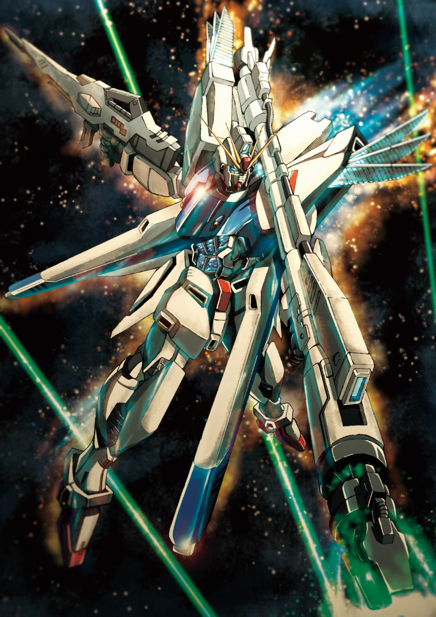 absurdres beam_rifle blue_eyes dual_wielding energy_gun f91_gundam flying glowing glowing_eyes gun gundam gundam_f91 highres holding holding_gun holding_weapon huge_filesize looking_down mecha no_humans robot shoulder_cannon solo space sunflower_(tomodog422) weapon