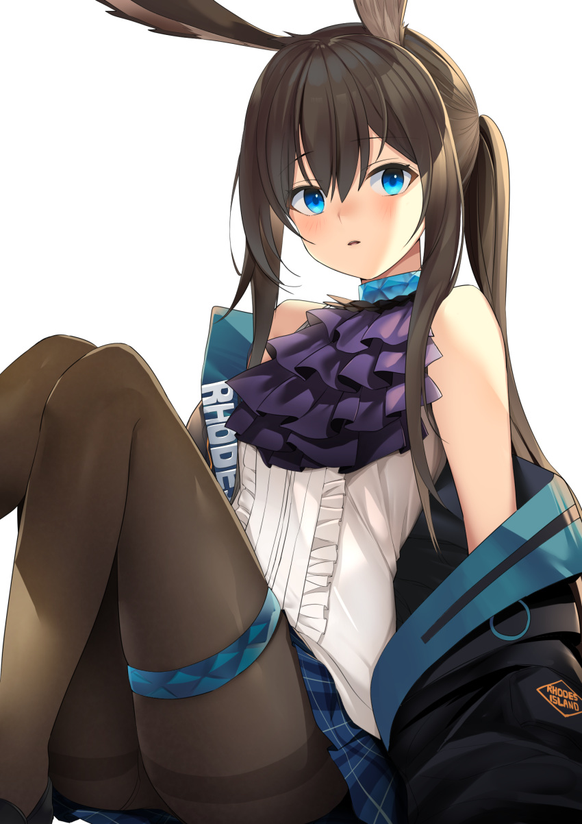 1girl amiya_(arknights) animal_ears arknights bangs bare_shoulders black_footwear black_jacket blue_eyes blue_skirt blush brown_hair brown_legwear bunny_ears center_frills commentary english_commentary eyebrows_visible_through_hair feet_out_of_frame frills hair_between_eyes highres jacket jun_project knees_up loafers long_hair looking_at_viewer off_shoulder open_clothes open_jacket pantyhose parted_lips plaid plaid_skirt pleated_skirt ponytail shirt shoes sidelocks skirt sleeveless sleeveless_shirt solo thighband_pantyhose transparent_background very_long_hair white_shirt