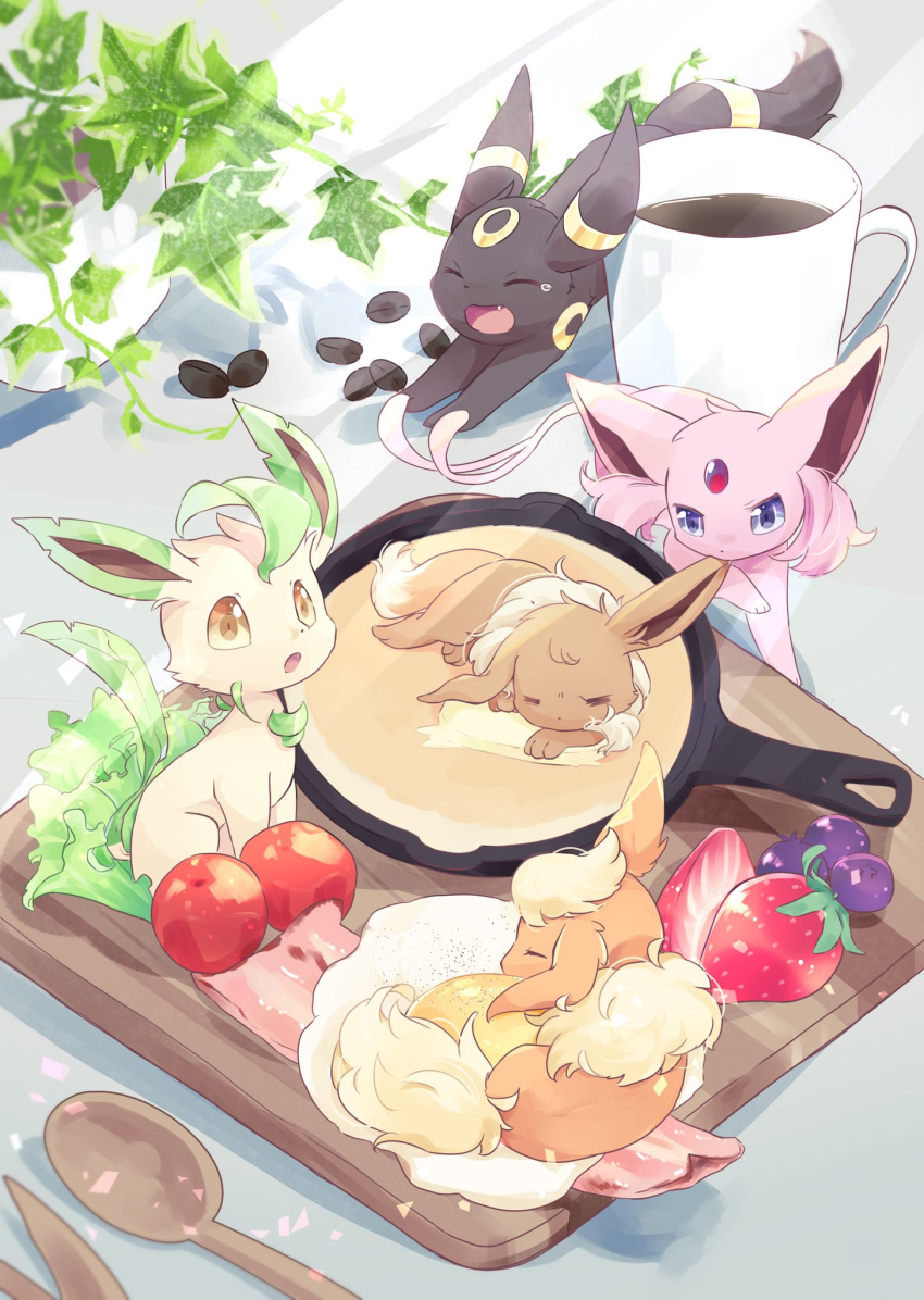 animal coffee_mug cup eevee food fruit gen_1_pokemon highres mug neveyk nintendo outdoors pokemon skillet sleeping spoon strawberry