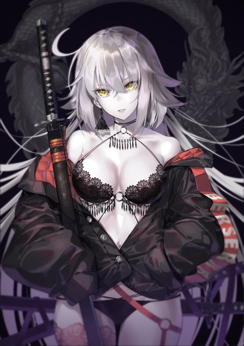 1girl bare_shoulders bikini breasts cleavage collarbone cowboy_shot dragon earrings eyebrows_visible_through_hair eyes_visible_through_hair fate/grand_order fate_(series) highres jacket jeanne_d'arc_(alter_swimsuit_berserker) jeanne_d'arc_(fate)_(all) jewelry katana long_hair looking_at_viewer medium_breasts o-ring o-ring_top solo swimsuit sword thighhighs tsurukame very_long_hair weapon white_hair white_skin yellow_eyes