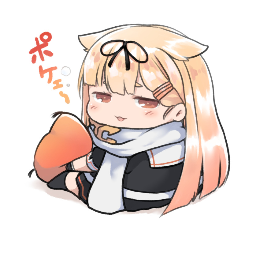 1girl :3 absurdres black_ribbon black_serafuku blonde_hair chibi commentary_request dyson_(edaokunnsaikouya) from_behind hair_flaps hair_ornament hair_ribbon hairclip highres kantai_collection long_hair looking_at_viewer no_nose orange_eyes pillow remodel_(kantai_collection) ribbon scarf school_uniform serafuku simple_background sitting smile solo white_background white_scarf yuudachi_(kantai_collection)