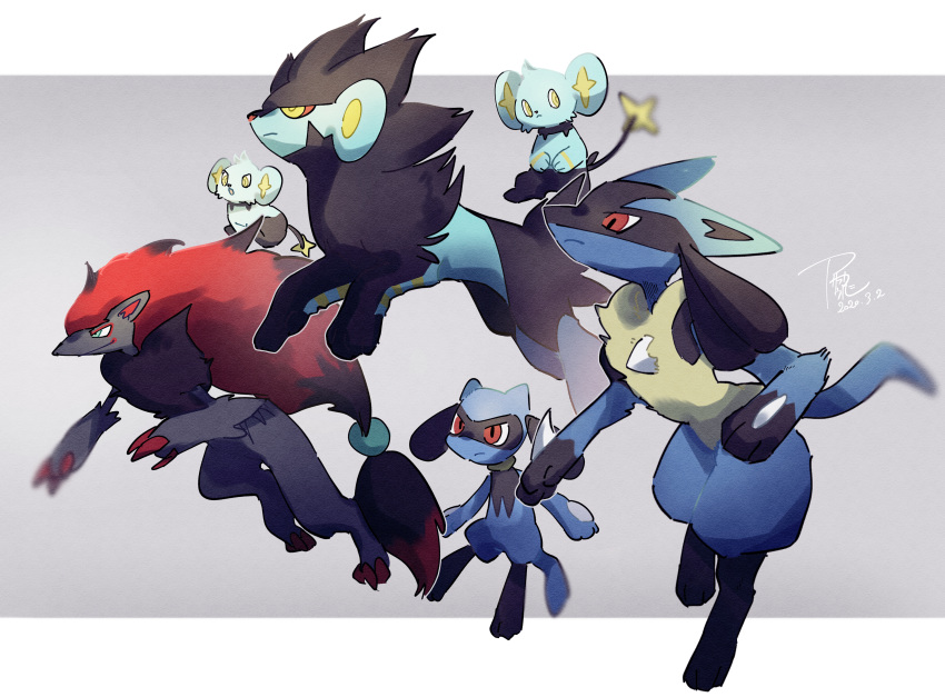 absurd_res anthro ars_(artist) baby_pok&eacute;mon black_body black_fur black_hair black_inner_ear black_markings blue_body blue_fur canid canine claws felid feral fur grey_body grey_fur group hair hi_res highlights_(coloring) lucario luxray mammal markings nintendo pok&eacute;mon pok&eacute;mon_(species) red_body red_eyes red_fur red_inner_ear red_markings red_nose riolu shinx size_difference smile spikes tan_body tan_fur toe_claws video_games yellow_body yellow_eyes yellow_fur yellow_inner_ear yellow_markings zoroark