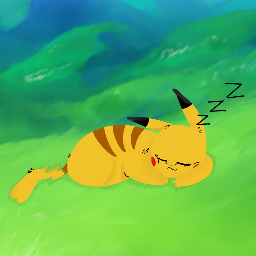 &lt;3 1:1 black_ears cleft_tail detailed_background dipstick_ears female funkyy fur grass hi_res line_art multicolored_ears nintendo outside pikachu pok&eacute;mon pok&eacute;mon_(species) red_cheeks sleeping solo sound_effects text video_games yellow_body yellow_fur zzz