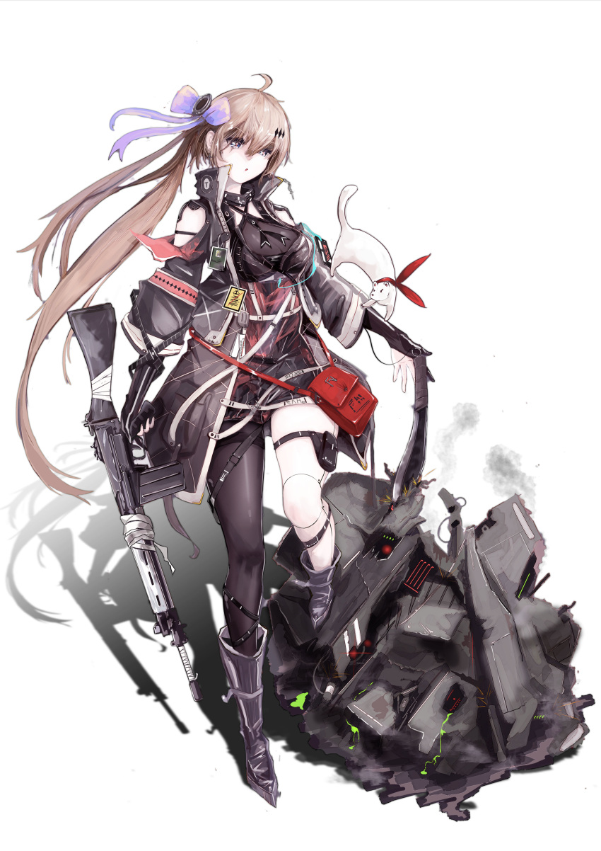 1girl absurdres alternate_costume artist_request asymmetrical_legwear battle_rifle blue_bow bow broken brown_hair fal_(girls_frontline) ferret fn_fal girls_frontline gun highres long_hair pet rifle robot side_ponytail solo thighhighs weapon