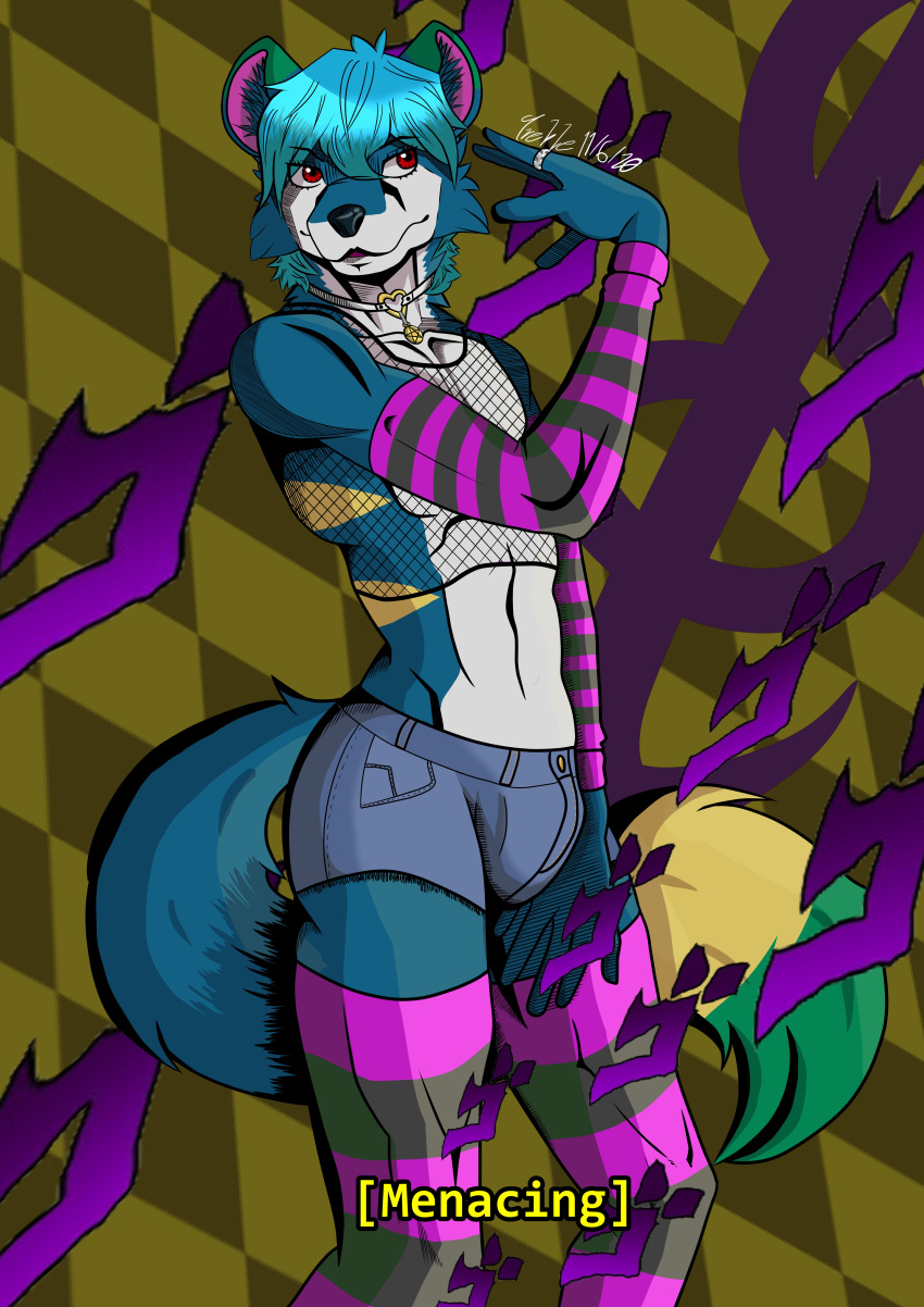 absurd_res anthro arm_warmers armwear blue_hair bottomwear bulge canid canine caption clothed clothing cutoffs denim denim_clothing digital_drawing_(artwork) digital_media_(artwork) fishnet fox girly hair hi_res hotpants hyaenid hyenafox japanese_text jewelry legwear lgbt_pride male mammal necklace pattern_background pentagram red_eyes shorts simple_background sketch solo suggestive text thigh_highs treblemelodies