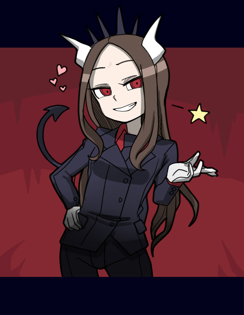 1girl bangs black_background black_jacket black_neckwear black_pants brown_hair collared_shirt commentary_request cosplay cowboy_shot demon_girl demon_horns demon_tail forehead formal gloves grin hand_on_hip hand_up heart helltaker highres horns jacket karakai_jouzu_no_takagi-san long_hair long_sleeves lucifer_(helltaker) lucifer_(helltaker)_(cosplay) necktie note2000 pant_suit pants parted_bangs red_background red_eyes red_shirt shirt smile solo star_(symbol) suit tail takagi-san very_long_hair white_gloves