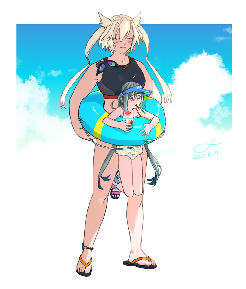 2girls blush closed_eyes commentary_request dated food goggles highres ice_cream kantai_collection kiyoshimo_(kantai_collection) long_hair multiple_girls musashi_(kantai_collection) sandals shishanmo size_difference sky smile sports_bikini standing twintails