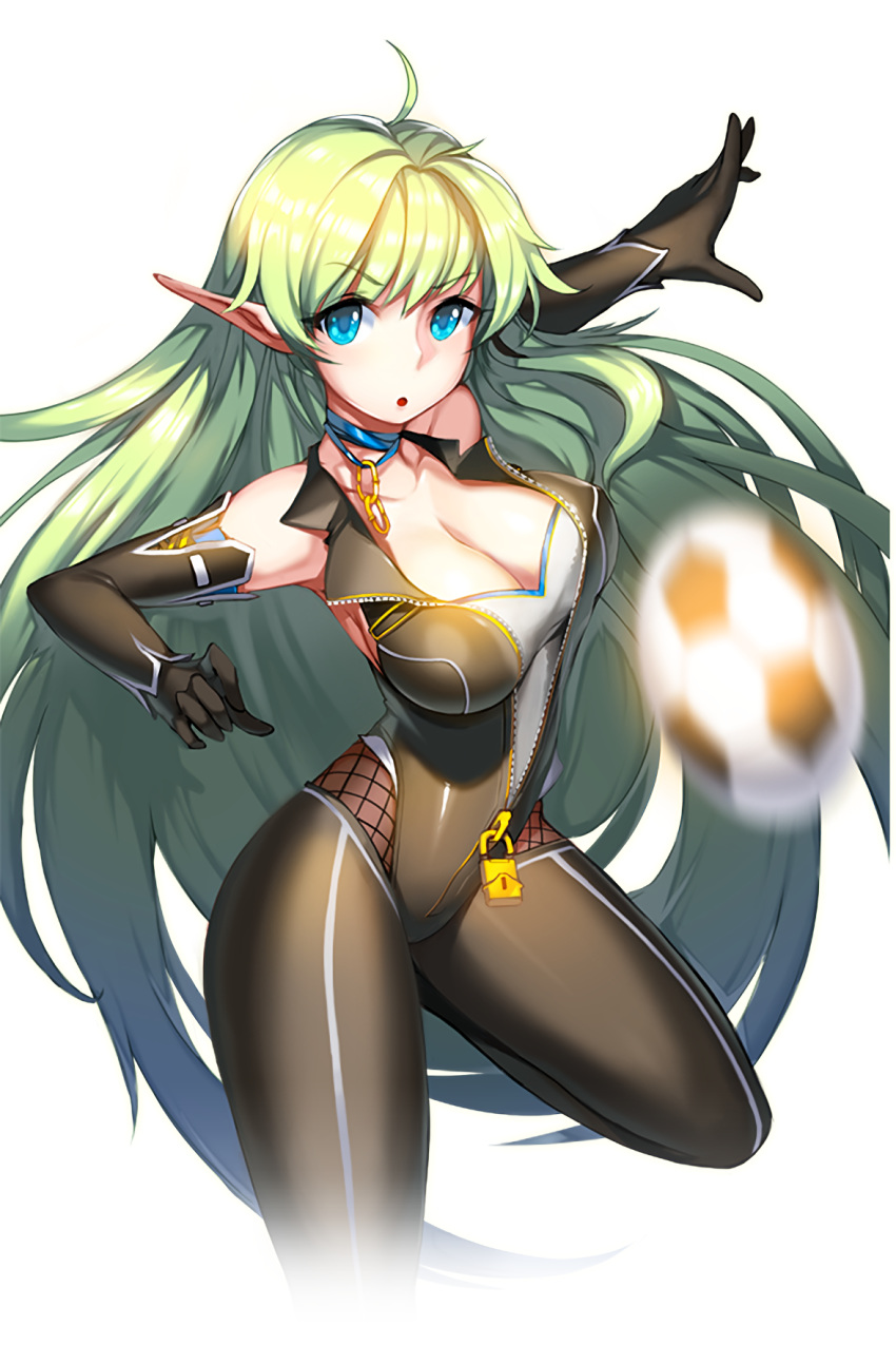 1girl :o ball black_gloves black_legwear blue_eyes breasts center_opening cleavage elbow_gloves gloves green_hair highres large_breasts lock long_hair looking_at_viewer official_art padlock pointy_ears rize_(soccer_spirits) smile snowball22 soccer_ball soccer_spirits solo standing standing_on_one_leg thighhighs transparent_background very_long_hair zipper