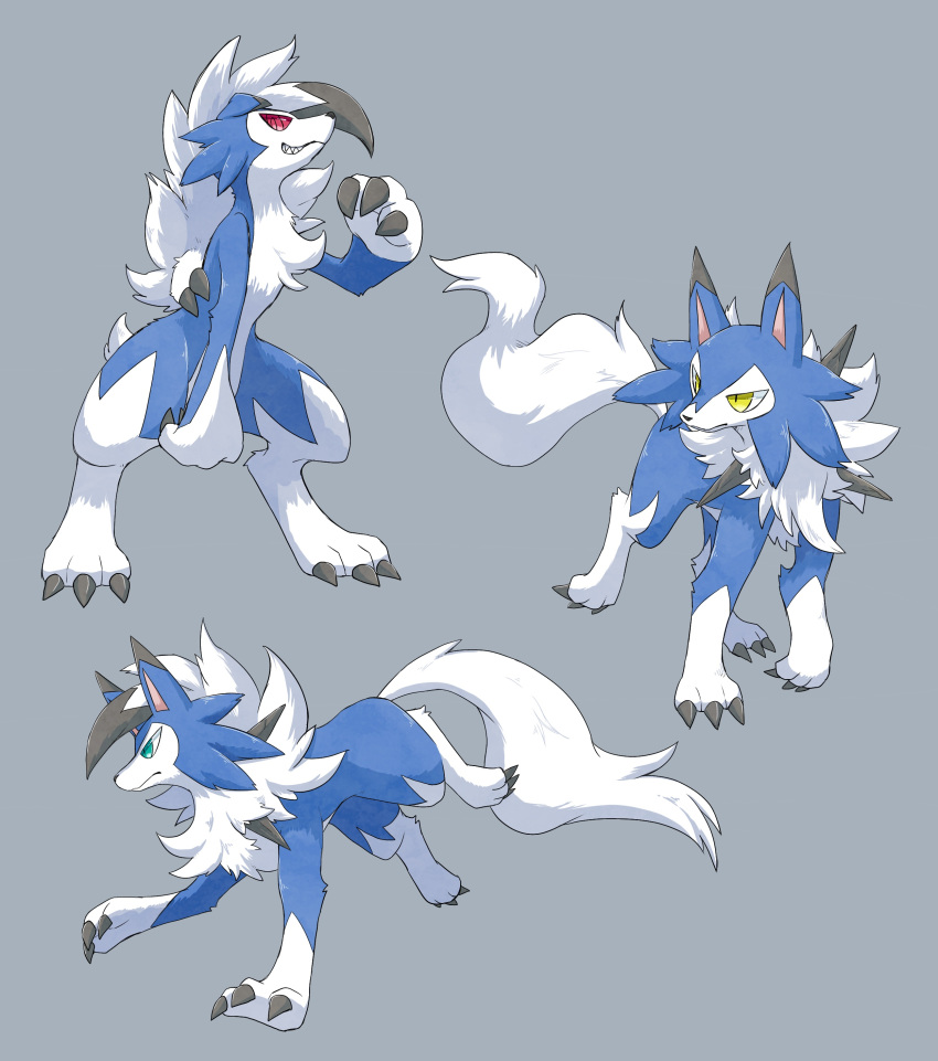 absurd_res black_claws black_markings blue_body blue_fur canid canine cheek_tuft claws dusk_lycanroc ear_markings facial_markings facial_tuft fingers fur green_eyes grey_background hair head_markings hi_res lycanroc mammal markings midday_lycanroc midnight_lycanroc nintendo pink_inner_ear pok&eacute;mon pok&eacute;mon_(species) red_eyes red_sclera shiny_pok&eacute;mon simple_background slit_pupils spikes squash_(artist) tail_tuft toes tuft video_games white_body white_fur white_hair yellow_eyes