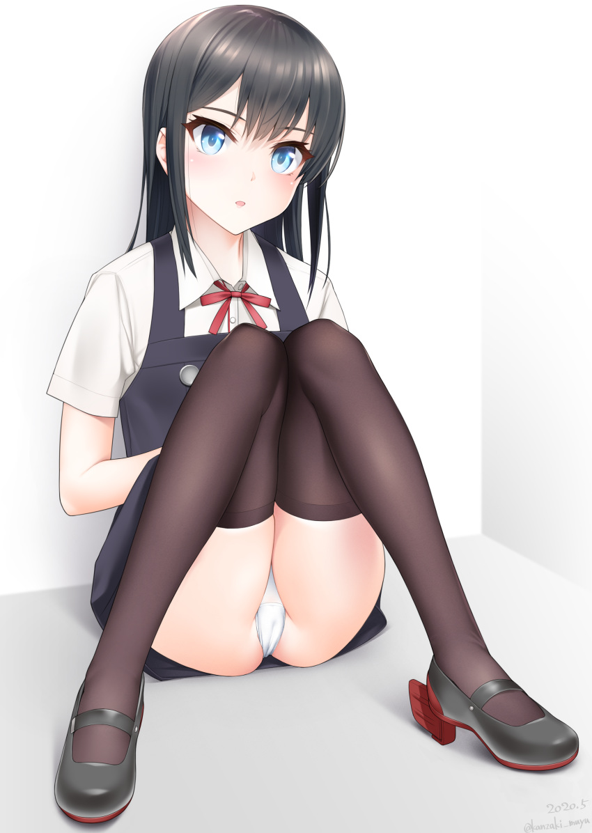 1girl absurdres alternate_sleeve_length asashio_(kantai_collection) ass bangs belt black_hair black_legwear blue_eyes cameltoe dress fantia_reward full_body hair_between_eyes highres kantai_collection kanzaki_muyu knees_together_feet_apart long_hair looking_at_viewer paid_reward panties parted_lips pinafore_dress remodel_(kantai_collection) rudder_footwear school_uniform shirt short_sleeves sitting solo thighhighs underwear white_background white_panties white_shirt