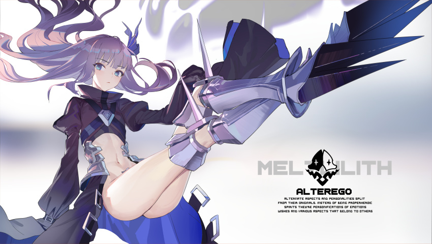 1girl absurdres bangs blue_eyes blue_ribbon breasts character_name choker fate/extra fate/grand_order fate_(series) flat_chest hair_ribbon highres jinyuan712 long_hair long_sleeves looking_at_viewer meltryllis navel puffy_sleeves purple_hair ribbon sleeves_past_fingers sleeves_past_wrists solo very_long_hair