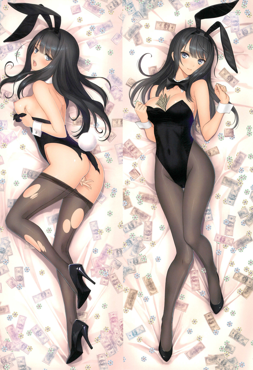 1girl absurdres animal_ears bangs bare_shoulders bed_sheet between_breasts black_hair black_leotard blue_eyes blush breasts bunny_ears bunny_tail bunnysuit cleavage closed_mouth covered_navel dakimakura detached_collar dollar_bill fake_animal_ears fingernails full_body high_heels highres leotard lips long_hair looking_at_viewer lying masturbation medium_breasts money money_hold multiple_girls on_back open_mouth original pantyhose poker_chip scan shiny shiny_clothes shiny_hair shiny_skin smile strapless strapless_leotard tail tanaka_takayuki torn_clothes wrist_cuffs