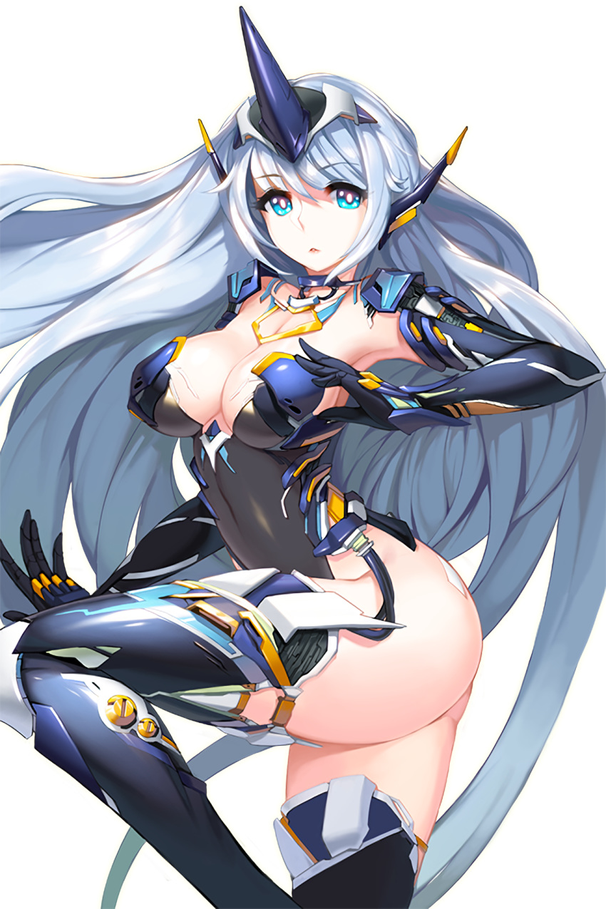 1girl armpits black_gloves blue_eyes breasts cleavage elbow_gloves gloves highres hildegard_(soccer_spirits) horns large_breasts leotard long_hair looking_at_viewer mecha_musume silver_hair single_horn snowball22 soccer_spirits solo thighhighs