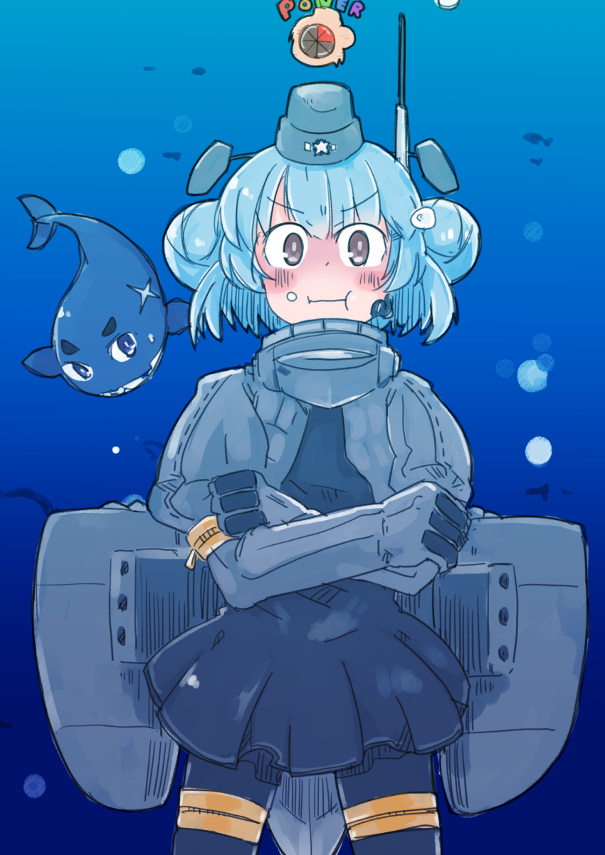 1girl :t animal aqua_hair bangs blush brown_eyes closed_mouth cosplay cropped_jacket crossed_arms double_bun enjaku_izuku eyebrows_visible_through_hair garrison_cap gunbuster_pose hat headgear highres holding_breath kantai_collection little_blue_whale_(kantai_collection) long_sleeves mario_(series) rigging samuel_b._roberts_(kantai_collection) short_hair super_mario_64 u-511_(kantai_collection) u-511_(kantai_collection)_(cosplay) underwater water whale