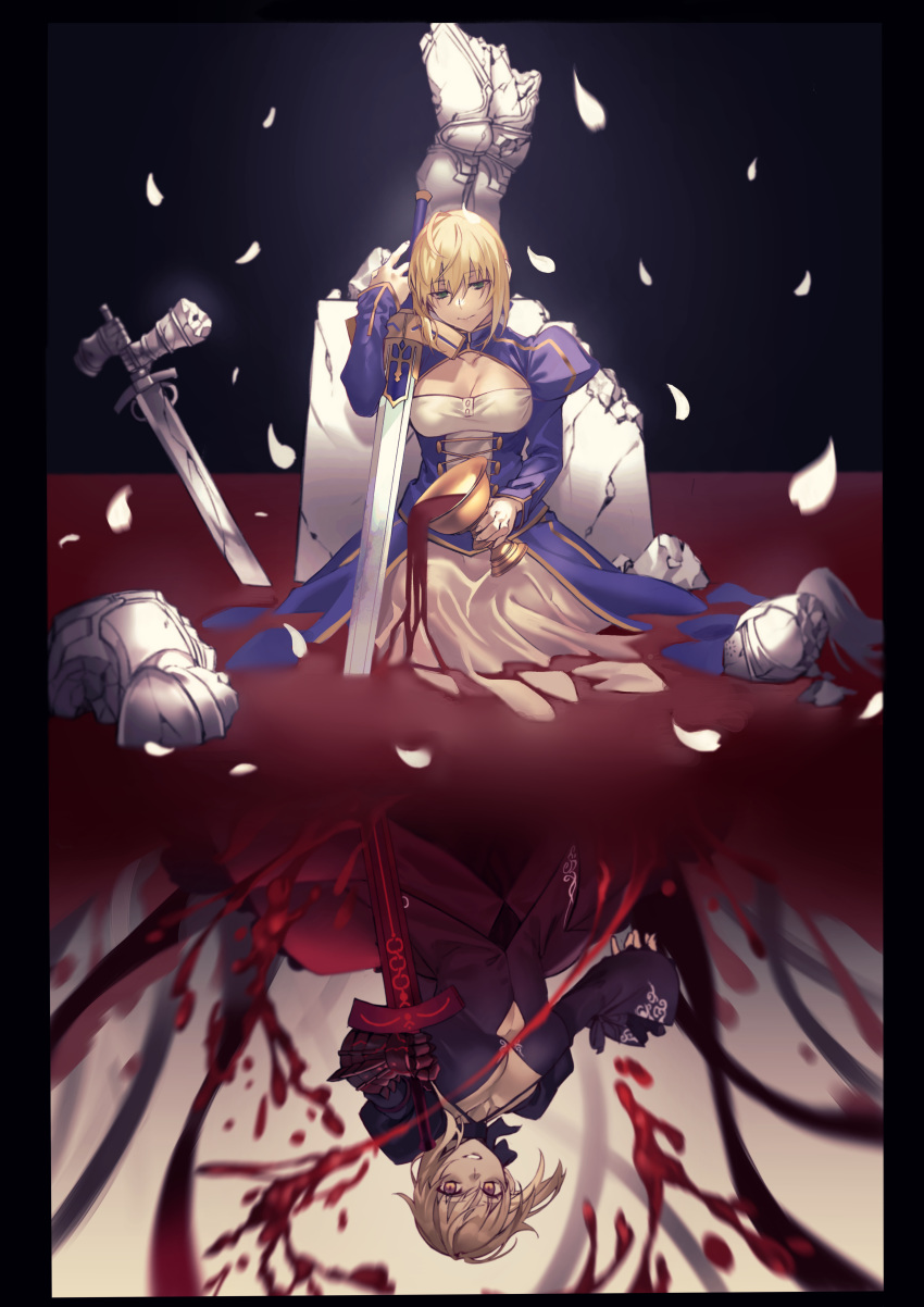 2girls absurdres artoria_pendragon_(all) black_border black_dress blonde_hair blood border closed_mouth dark_excalibur different_reflection dress excalibur expressionless fate/grand_order fate_(series) gloves green_eyes grin highres hiro_(hirohiro_gorira) holy_grail_(fate) looking_at_viewer multiple_girls petals pillar pouring puffy_sleeves reflection saber saber_alter short_hair smile sword upside-down weapon white_dress yellow_eyes