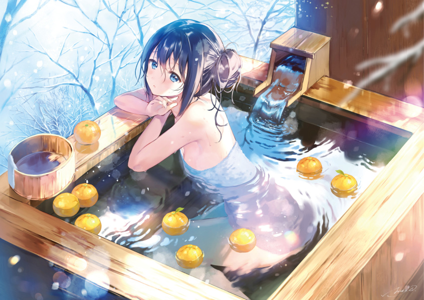 1girl armpits bangs bare_legs bare_tree black_hair blue_eyes breasts bucket commentary_request floating floating_object food fruit hair_bun hanekoto light_particles long_hair looking_at_viewer looking_to_the_side mandarin_orange naked_towel onsen original outdoors parted_lips partially_submerged side_bun sideboob sidelocks signature small_breasts snow snowing solo towel tree tree_branch twitter_username water wet winter wooden_bathtub wooden_bucket yuzu_(fruit) yuzu_bath