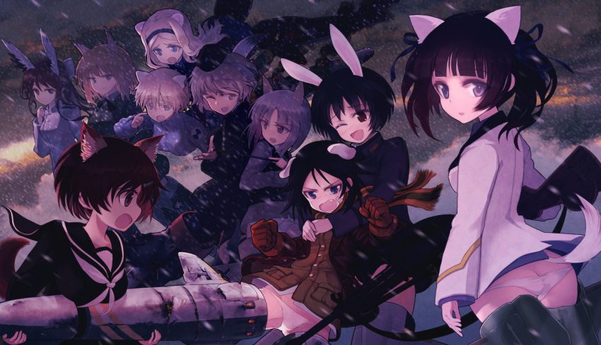 502nd_joint_fighter_wing 6+girls aleksandra_i_pokryshkin animal_ears bear_ears black_hair brave_witches brown_hair bunny_ears butt_crack commentary_request dog_ears edytha_rossmann garrison_cap georgette_lemare gloves grey_hair gun gundula_rall hair_ribbon hat head_wings kanno_naoe karibuchi_hikari karibuchi_takami long_hair long_sleeves machine_gun military military_uniform multiple_girls nikka_edvardine_katajainen no_pants panties ribbon sailor_collar scarf shimohara_sadako short_hair snowing striker_unit twintails underwear uniform waltrud_krupinski weapon white_panties world_witches_series yukinoko_(mizubachi)