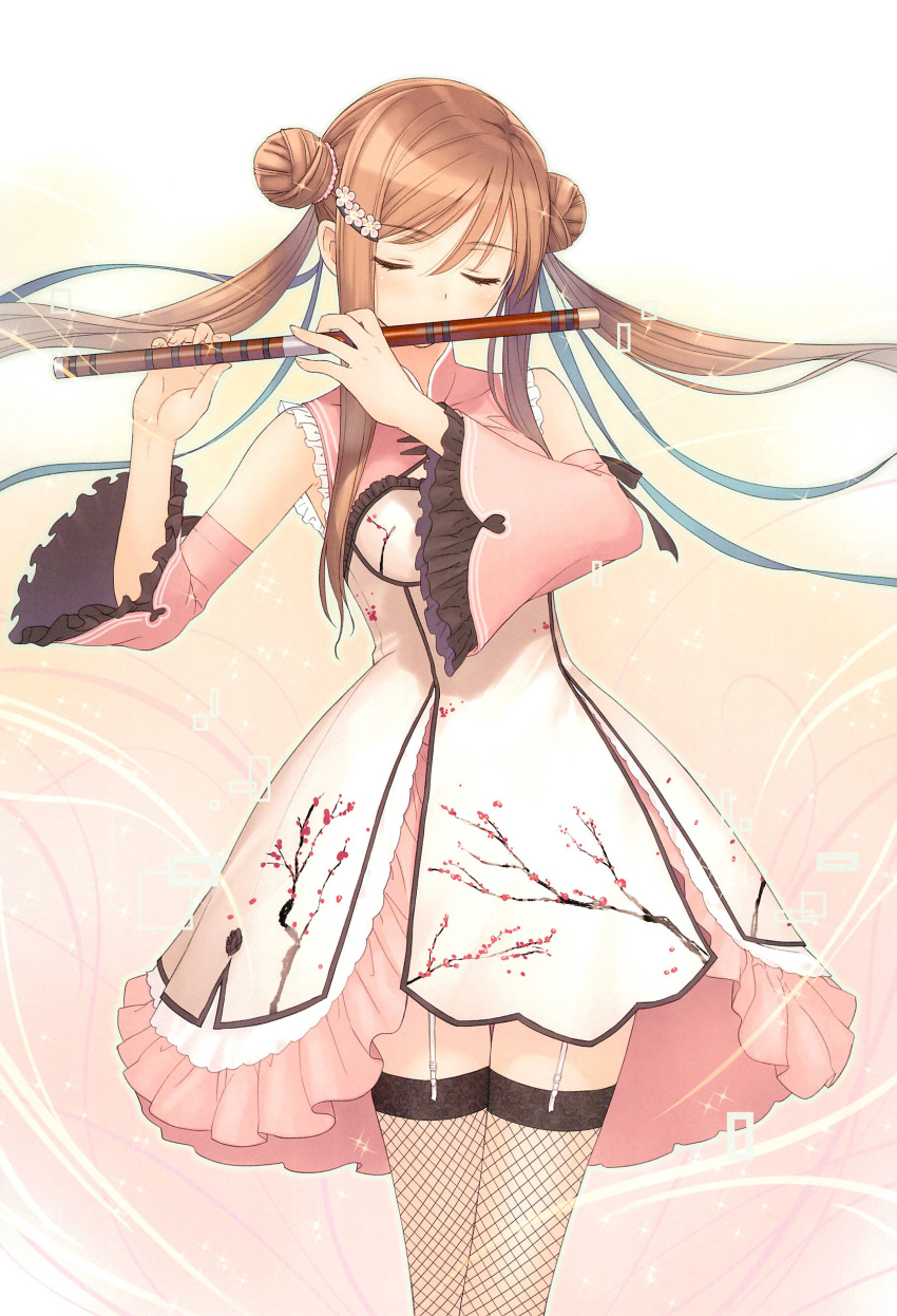 1girl absurdres bangs bare_shoulders blush brown_hair chun-mei detached_sleeves double_bun dress eyebrows_visible_through_hair fishnet_legwear fishnets floral_print flute frills garter_straps gradient gradient_background hair_ornament hairclip highres instrument long_hair original pink_dress scan shiny shiny_skin sidelocks simple_background sleeveless sleeveless_dress solo sparkle tanaka_takayuki tied_hair tree_branch twintails wide_sleeves