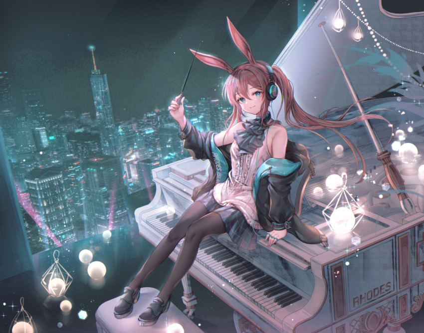 1girl amiya_(arknights) animal_ears arknights bare_shoulders baton_(instrument) black_coat black_footwear black_legwear black_skirt blue_eyes blush brown_hair building bunny_ears bunny_girl city closed_mouth coat full_body headphones holding indoors instrument jewelry lamo long_hair long_sleeves looking_at_viewer miniskirt night off_shoulder open_clothes open_coat ozzingo pantyhose piano plaid plaid_skirt ponytail ring shirt shoes sitting skirt smile sphere white_shirt window