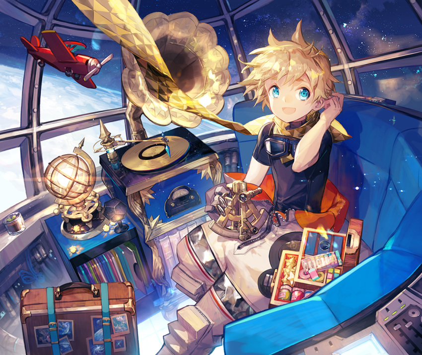 1boy aircraft airplane blonde_hair blue_eyes fate/grand_order fate/requiem fate_(series) goggles goggles_around_neck lamp male_focus phonograph record scarf scorpion5050 sextant smile space spacesuit suitcase voyager_(fate/requiem)